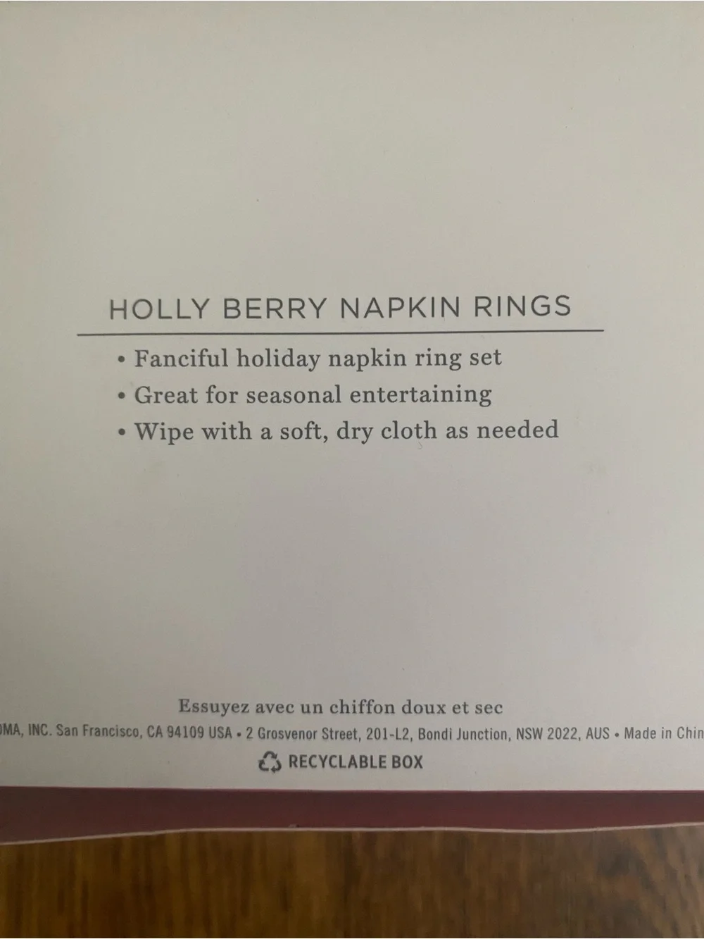 Williams Sonoma Holly Berry Napkin Rings Set of 4 NWT